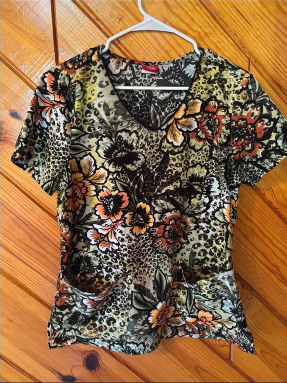 Dickies Floral & Leopard V-Neck Top - Olive, Orange, Black Scrub Top